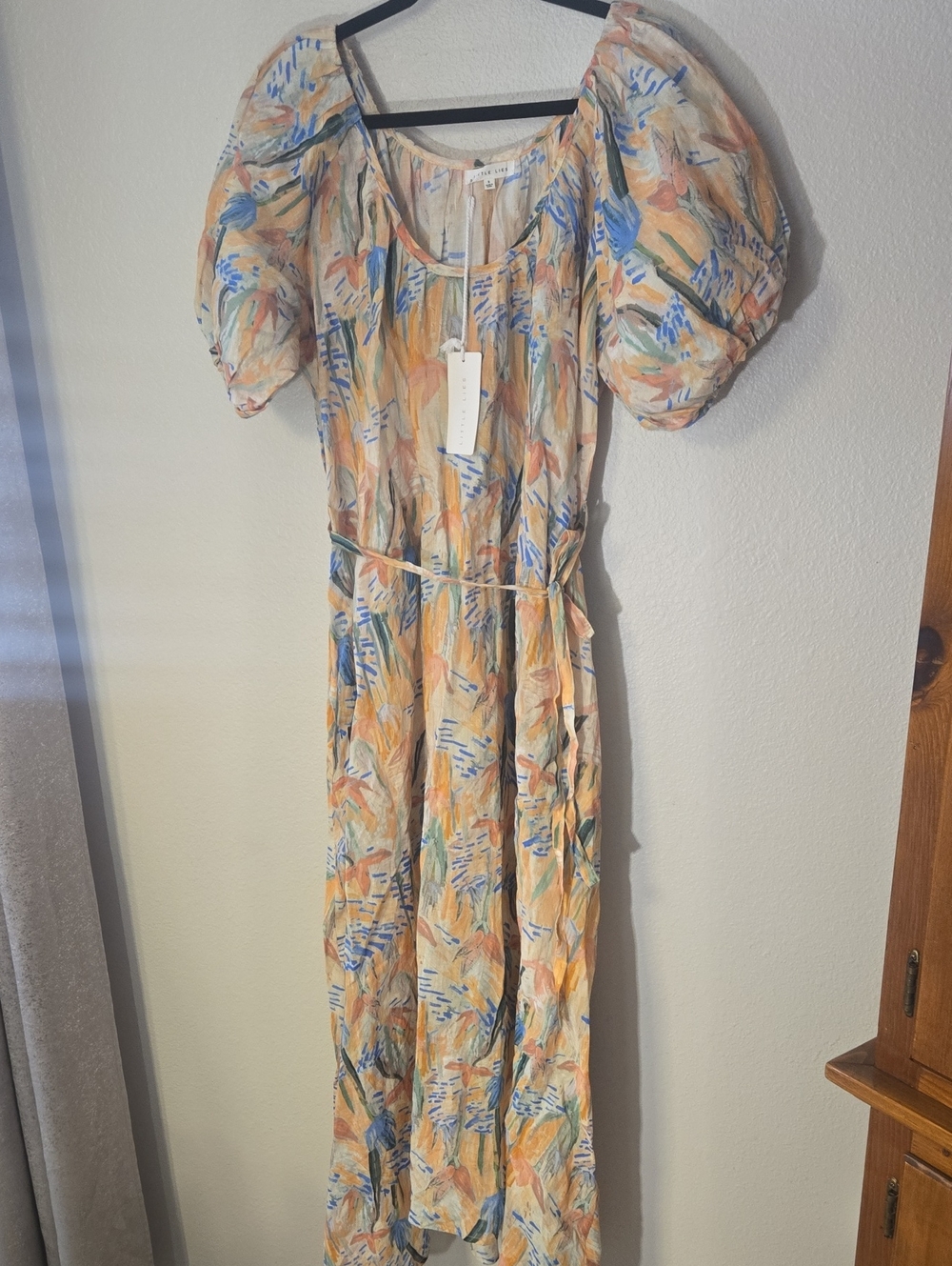 Puff-Sleeve Maxi Dress in Peach, Blue & Cream